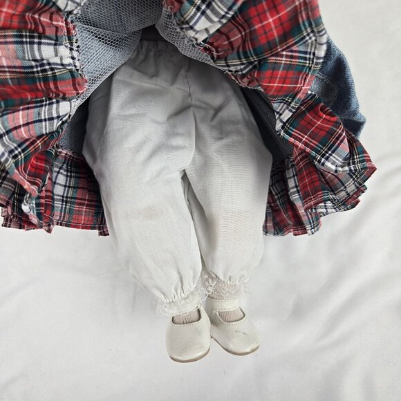 Vintage Delton Porcelain Doll Blue Eyes Blond Ringlets Denim Jumper Plaid Dress - Picture 14 of 16